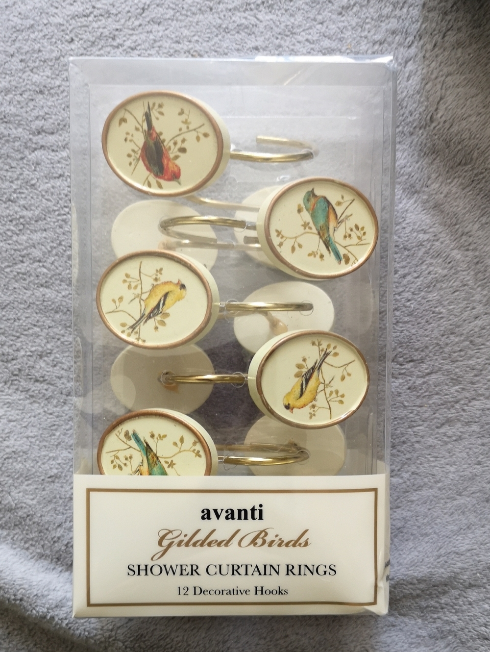 Vintage Old Stock New in Box Avanti Gilded Birds Set of 12 Shower Hooks